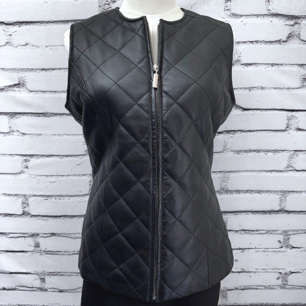 Pamela‎ McCoy Black Quilted Genuine Leather Zip Up Vest Womens XS RN98393